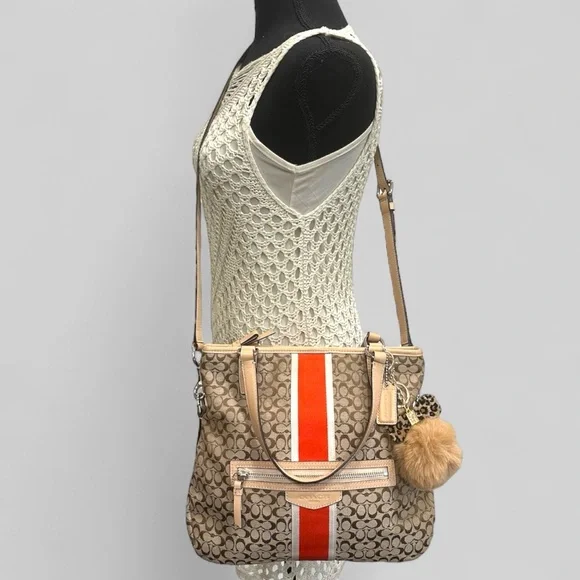 Coach Signature Varsity Stripe Medium Tote Bag – Khaki/Red – Style F27024 - Picture 3 of 16